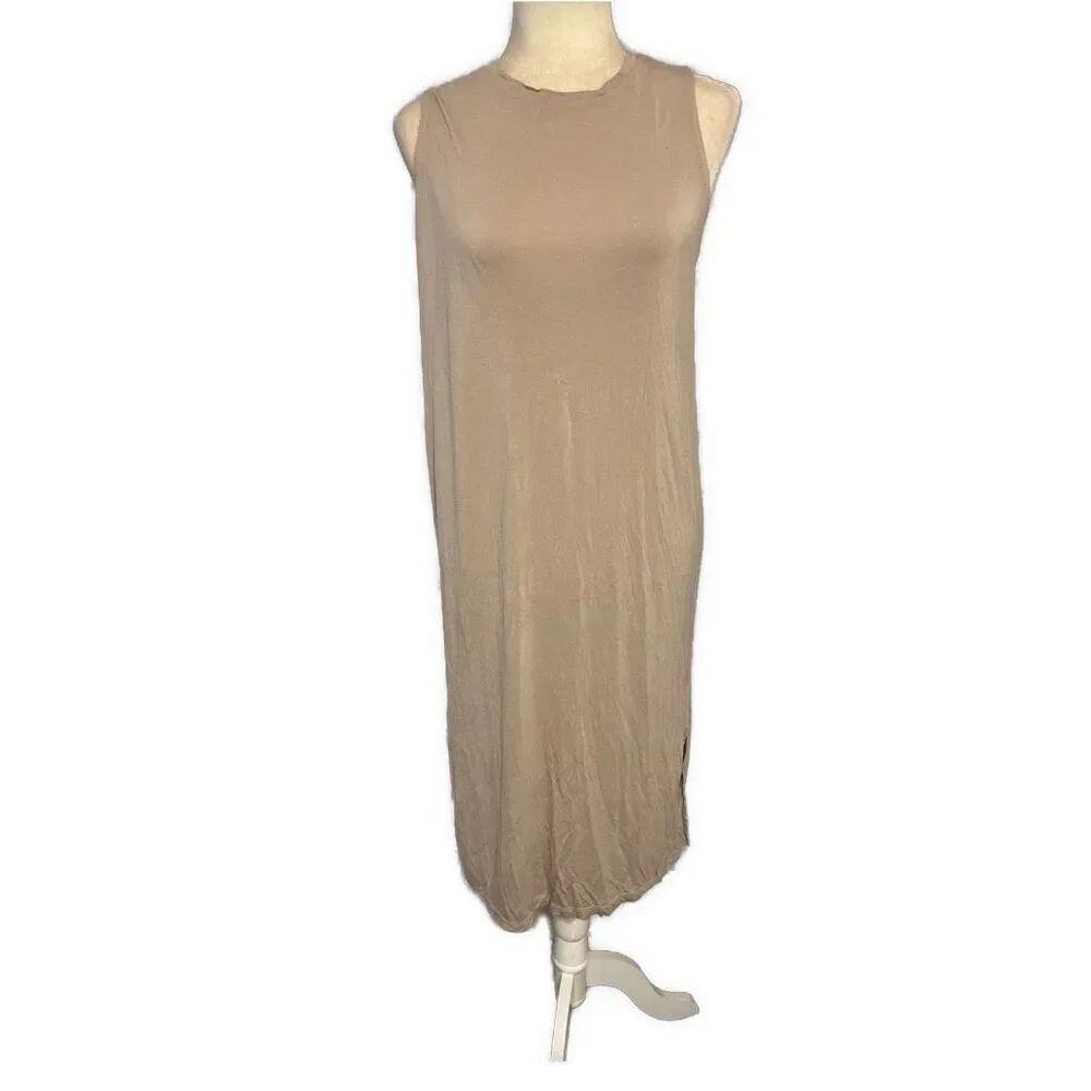 h&m solid beige crew neck tank midi dress Shirt Dress viscose Medium